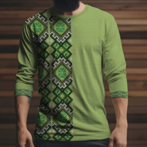 Лонгслив з 3D принтом Зелена вишиванка етнічний орнамент ВСІ Розміри Преміум тканина