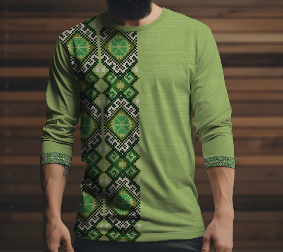 Лонгслив з 3D принтом Зелена вишиванка етнічний орнамент ВСІ Розміри Преміум тканина