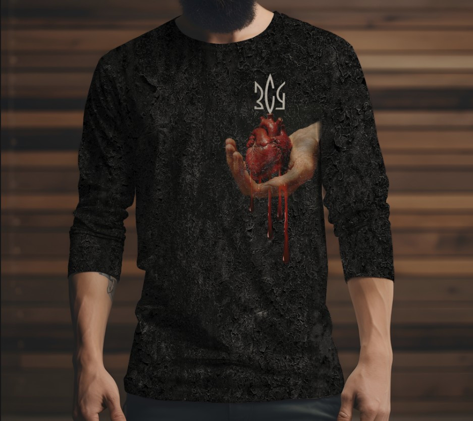 Лонгслив з 3D принтом Тризуб і серце на чорному фоні ВСІ Розміри Преміум тканина