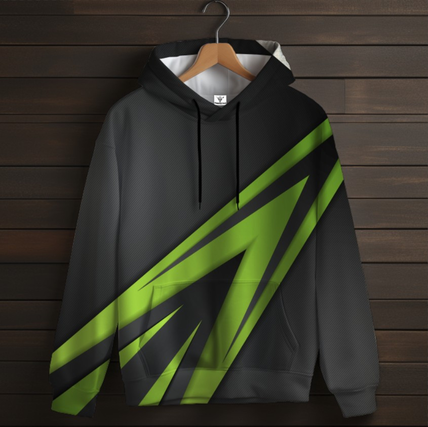 Толстовка-кенгуру (толстовка) з 3D принтом Зелена абстракція на сірому фоні ВСІ Розміри Преміум тканина