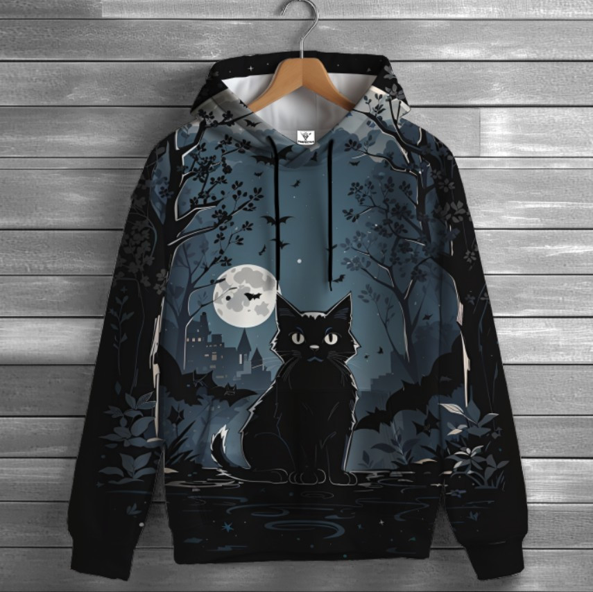 Толстовка-кенгуру (толстовка) з 3D принтом Чорний кіт та кажани ВСІ Розміри Преміум тканина