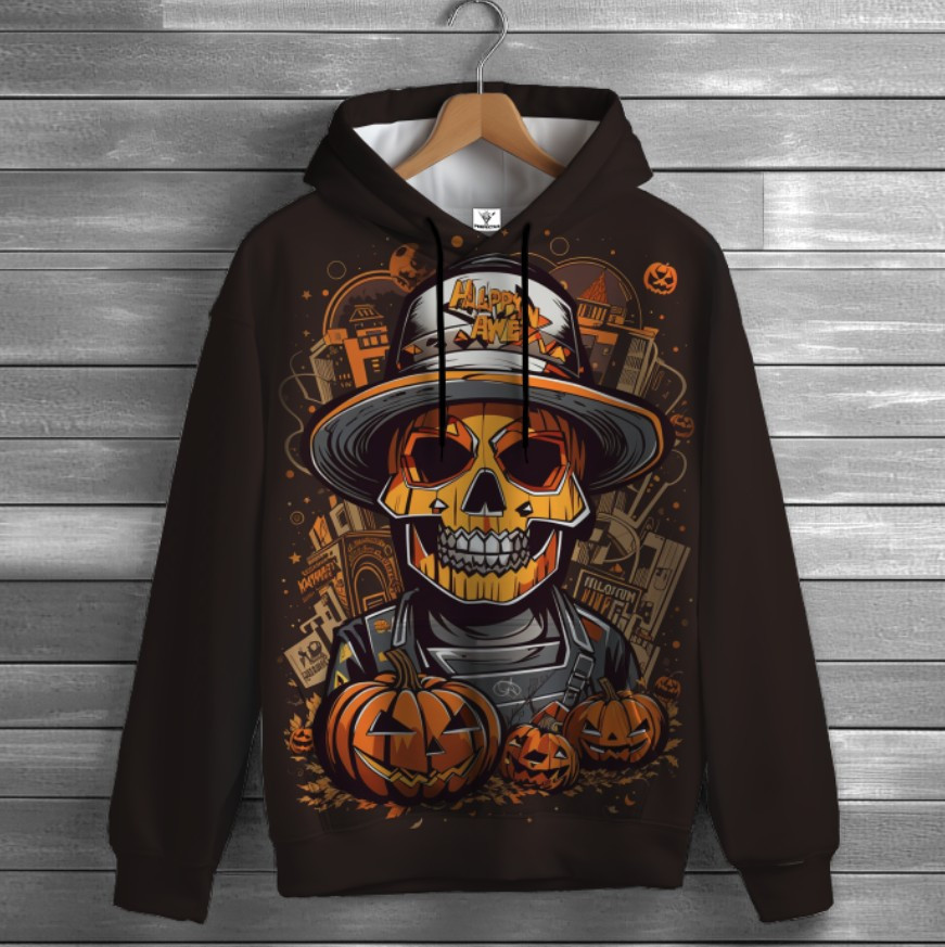 Толстовка-кенгуру (толстовка) з 3D принтом Череп у капелюсі та гарбузи ВСІ Розміри Преміум тканина