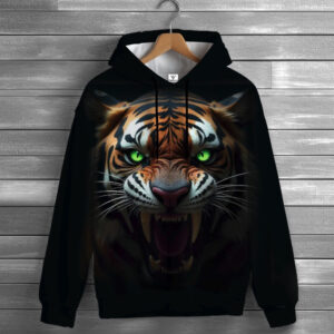 Толстовка-кенгуру (толстовка) з 3D принтом Тигр із зеленими очима розлючений ВСІ Розміри Преміум тканина