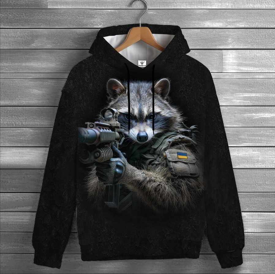 Толстовка-кенгуру (толстовка) з 3D принтом Єнот снайпер ВСІ Розміри Преміум тканина