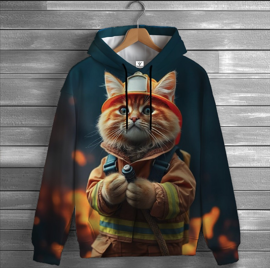 Толстовка-кенгуру (толстовка) з 3D принтом Котик пожежник рятівник ВСІ Розміри Преміум тканина