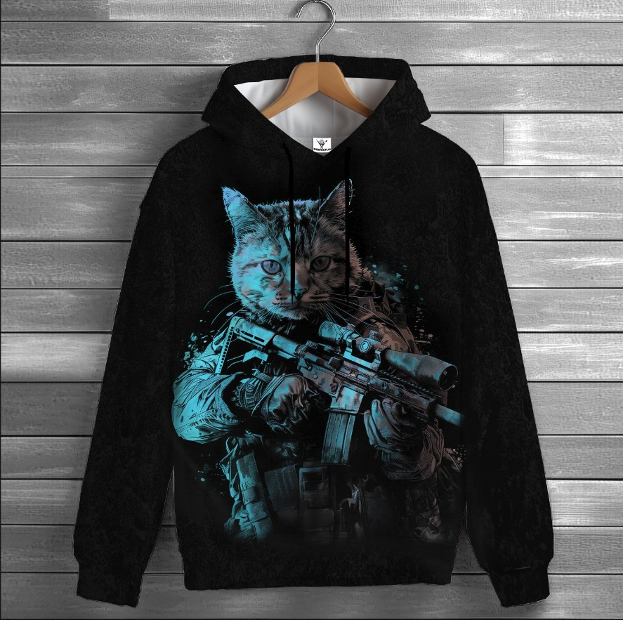 Толстовка-кенгуру (толстовка) з 3D принтом Кіт снайпер Кіт з гвинтівкою ВСІ Розміри Преміум тканина