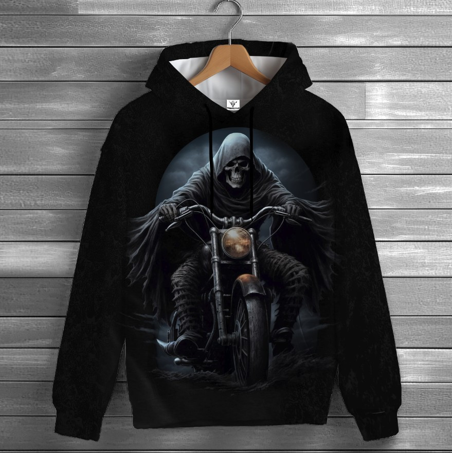 Толстівка з 3D принтом Scull Скелет байкер. Дорослі і дитячі розміри. ВСІ Розміри Преміум тканина