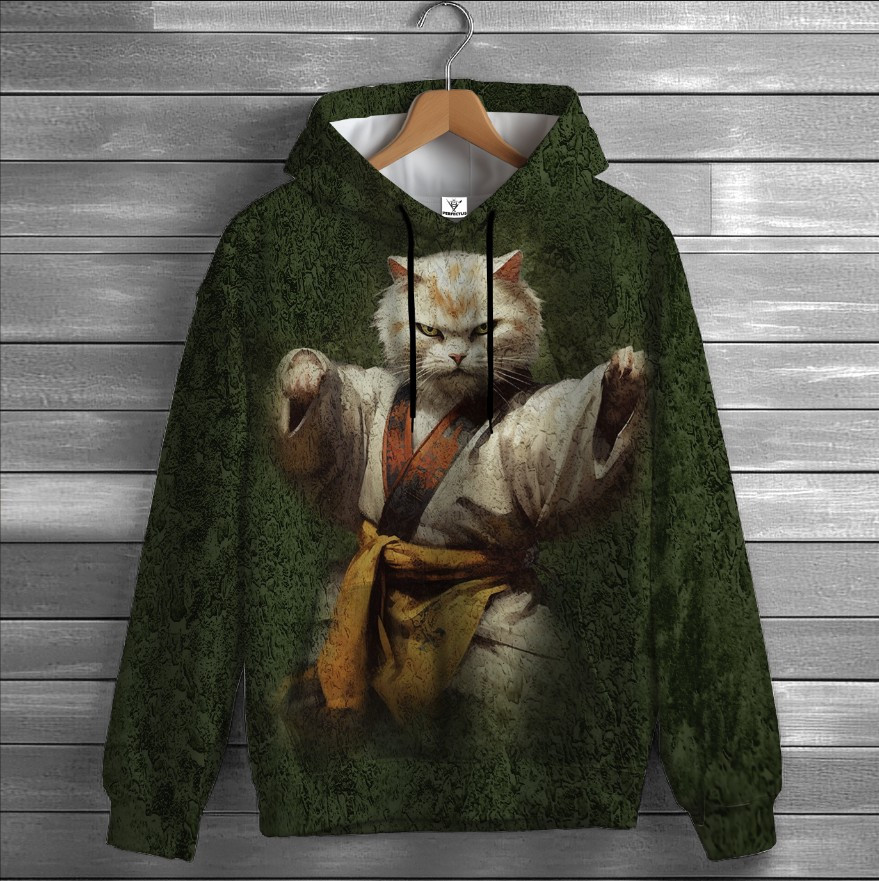Толстовка-кенгуру (толстовка) з 3D принтом Кіт Кунг-Фу. Kung-Fu Cat ВСІ Розміри Преміум тканина