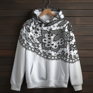 Біла толстовка-кенгуру (толстовка) з 3D принтом Чорне мереживо 02 ВСІ Розміри Преміум тканина