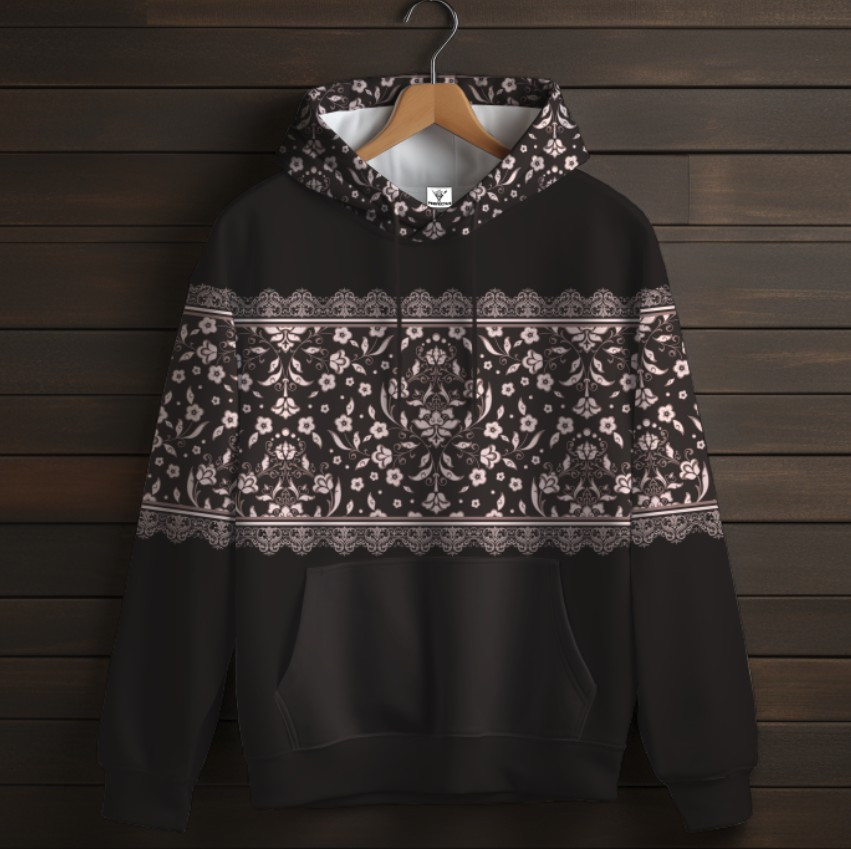 Чорна толстовка-кенгуру (толстовка) з 3D принтом Біле мереживо ВСІ Розміри Преміум тканина