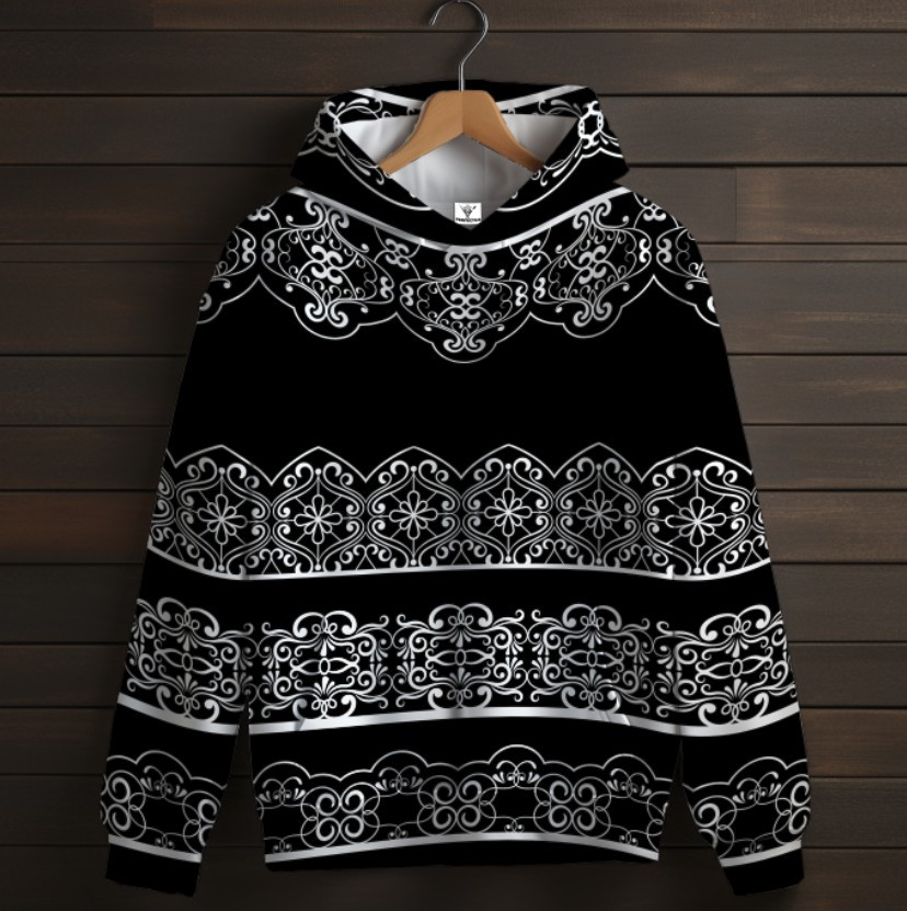 Чорна толстовка-кенгуру (толстовка) з 3D принтом Біле мереживо 02 ВСІ Розміри Преміум тканина