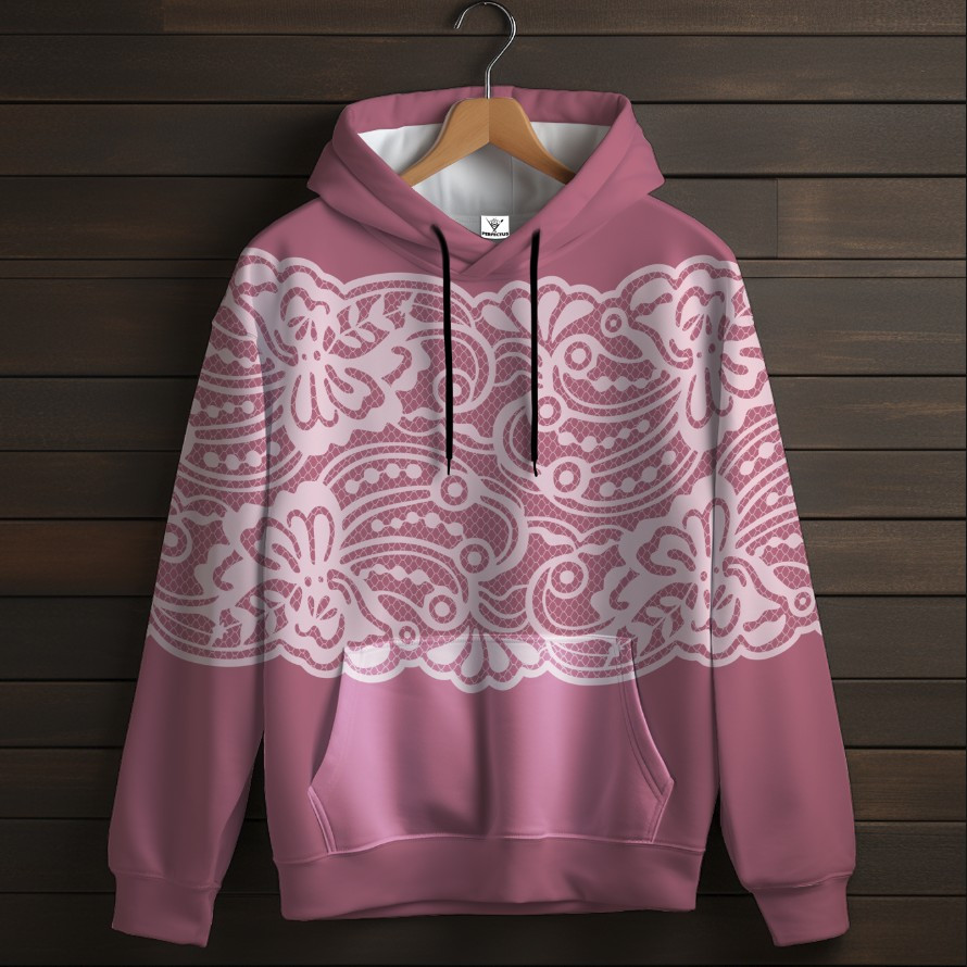 Рожева толстовка-кенгуру (толстовка) з 3D принтом Біле мереживо ВСІ Розміри Преміум тканина