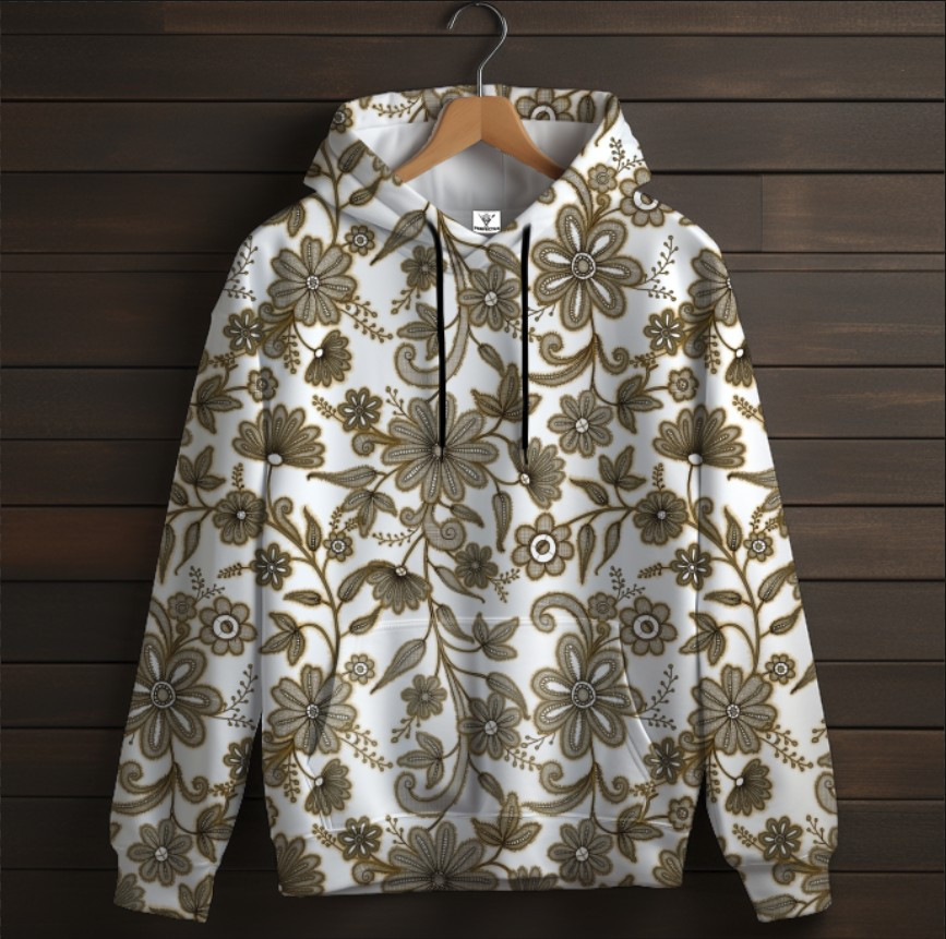 Біла толстовка-кенгуру (толстовка) з 3D принтом Золоте мереживо 02 ВСІ Розміри Преміум тканина