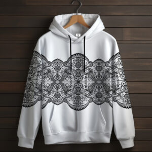 Біла толстовка-кенгуру (толстовка) з 3D принтом Чорне мереживо 03 ВСІ Розміри Преміум тканина