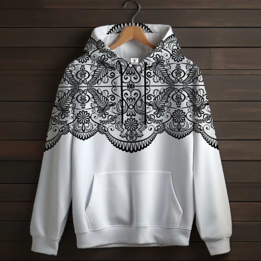 Біла толстовка-кенгуру (толстовка) з 3D принтом Чорне мереживо 04 ВСІ Розміри Преміум тканина