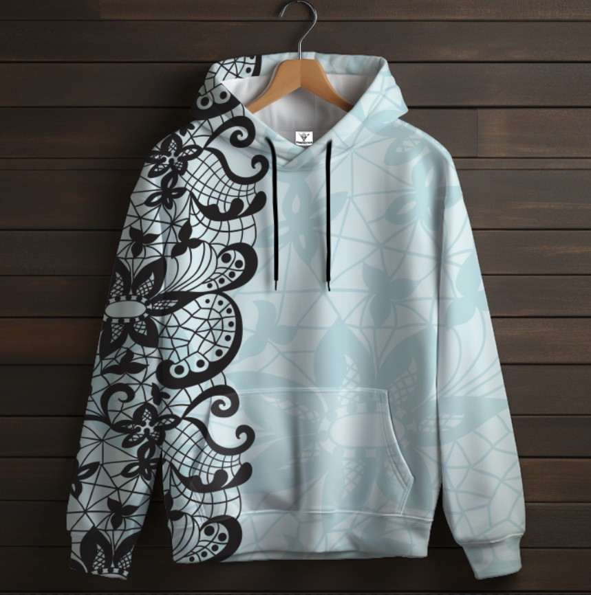 Ніжно блакитна толстовка-кенгуру (толстовка) з 3D принтом Чорне мереживо ВСІ Розміри Преміум тканина
