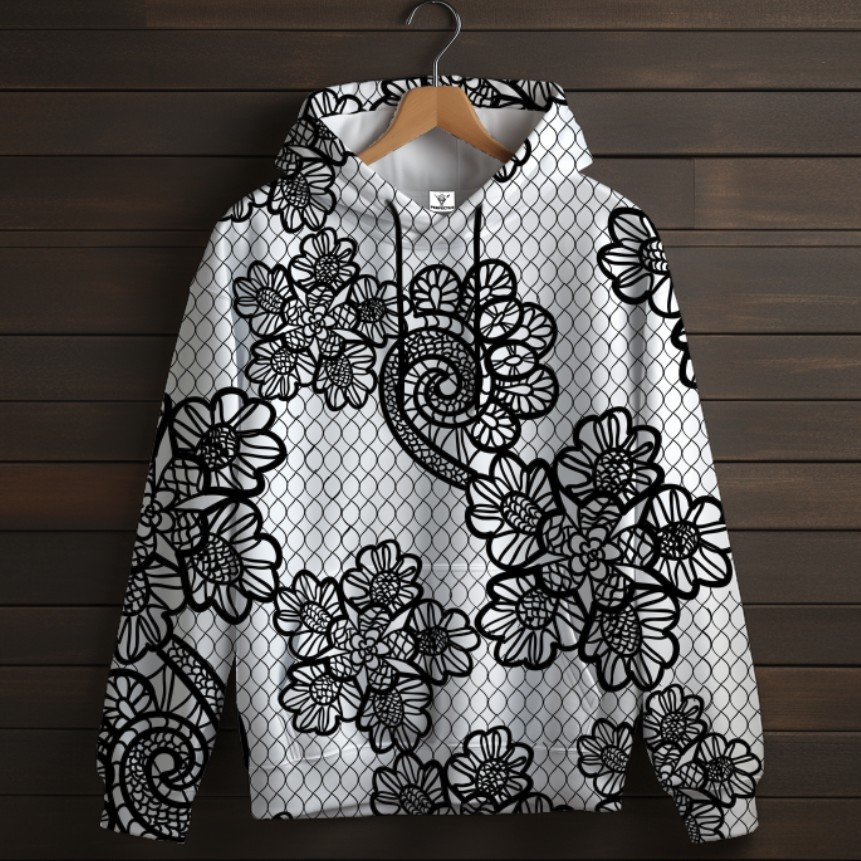 Біла толстовка-кенгуру (толстовка) з 3D принтом Чорне мереживо 05 ВСІ Розміри Преміум тканина