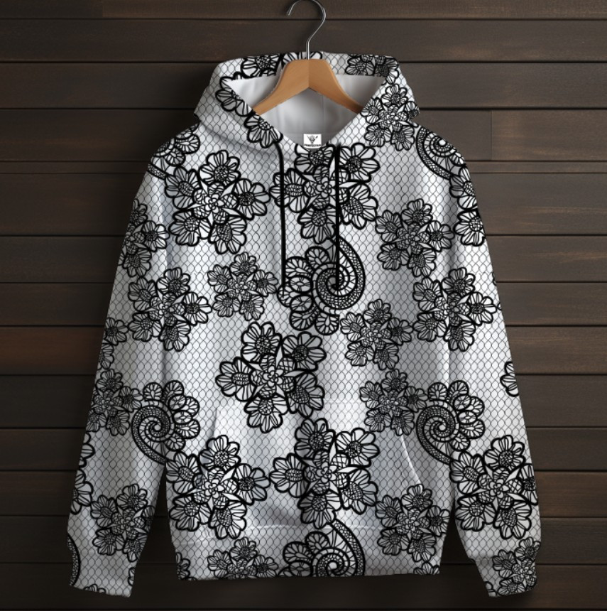 Біла толстовка-кенгуру (толстовка) з 3D принтом Чорне Квіткове мереживо ВСІ Розміри Преміум тканина
