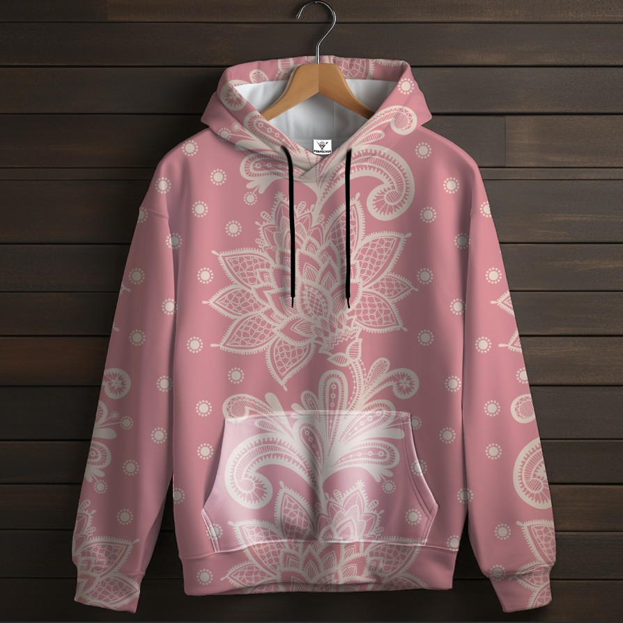 Рожева толстовка-кенгуру (толстовка) з 3D принтом Біле Квіткове мереживо ВСІ Розміри Преміум тканина