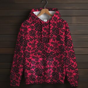 Рожева толстовка-кенгуру (толстовка) з 3D принтом Чорне квіткове мереживо ВСІ Розміри Преміум тканина