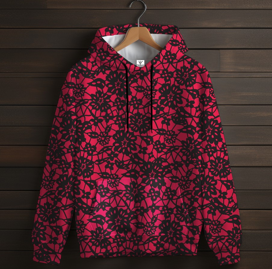 Рожева толстовка-кенгуру (толстовка) з 3D принтом Чорне квіткове мереживо ВСІ Розміри Преміум тканина