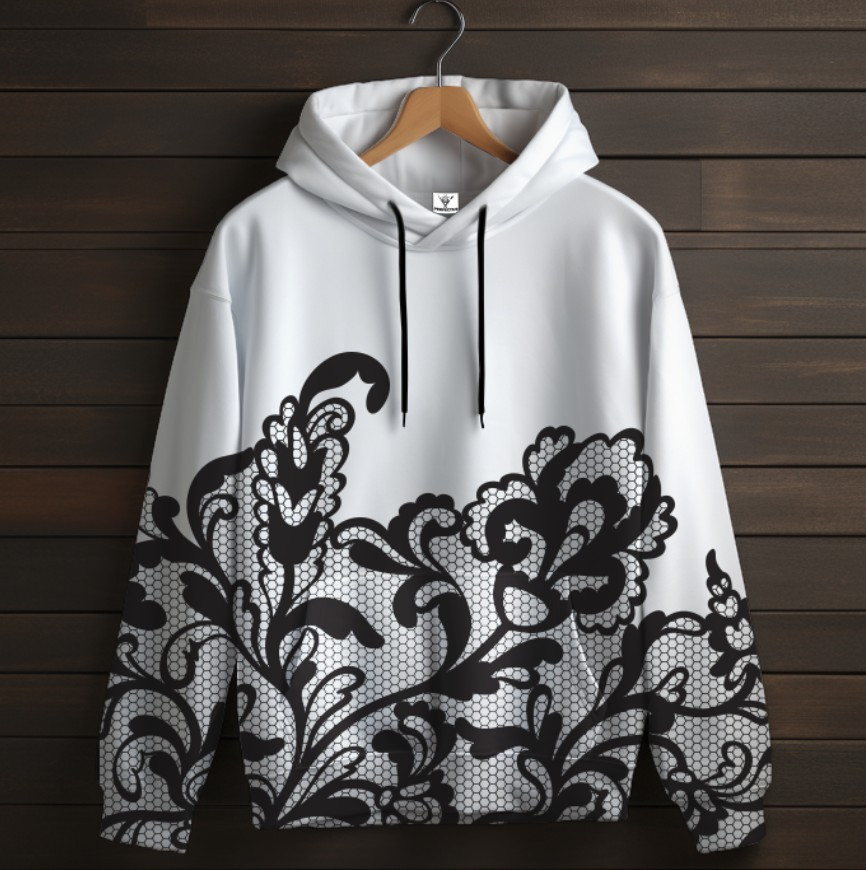 Біла толстовка-кенгуру (толстовка) з 3D принтом Чорне мереживо 07 ВСІ Розміри Преміум тканина