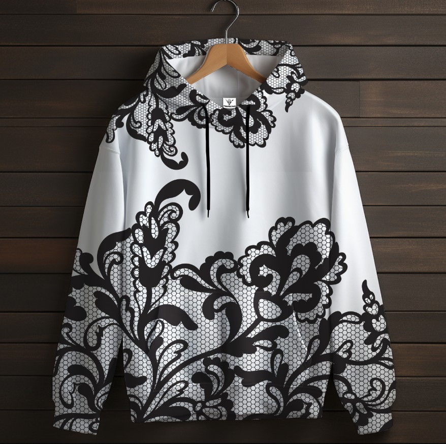 Біла толстовка-кенгуру (толстовка) з 3D принтом Чорне мереживо 08 ВСІ Розміри Преміум тканина