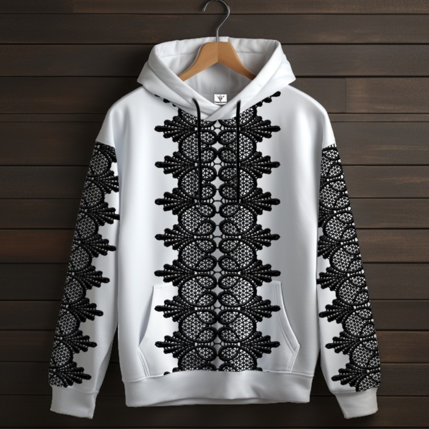 Біла толстовка-кенгуру (толстовка) з 3D принтом Чорне мереживо в стилі бароко ВСІ Розміри Преміум тканина