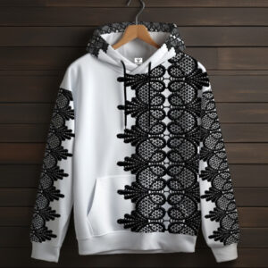 Біла толстовка-кенгуру (толстовка) з 3D принтом Чорне мереживо в стилі бароко 02 ВСІ Розміри Преміум тканина