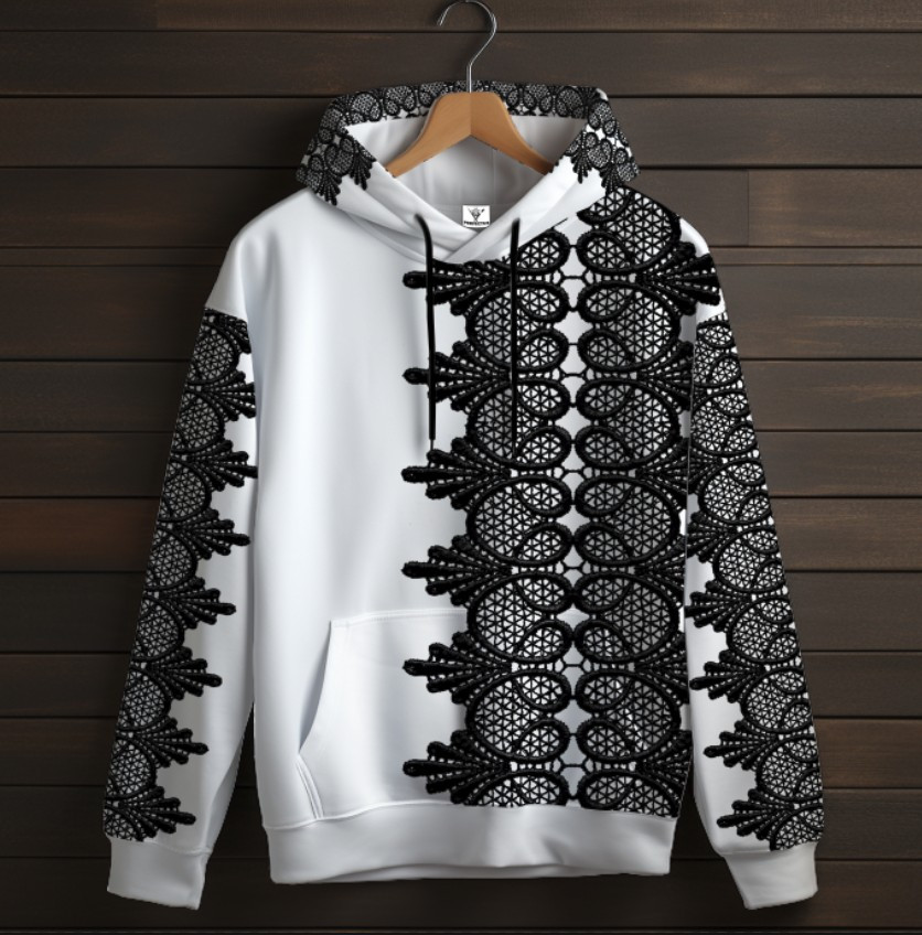 Біла толстовка-кенгуру (толстовка) з 3D принтом Чорне мереживо в стилі бароко 02 ВСІ Розміри Преміум тканина