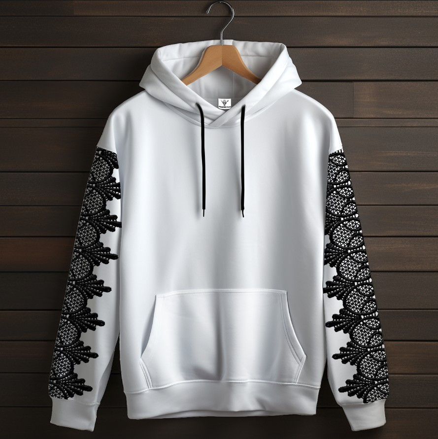 Біла толстовка-кенгуру (толстовка) з 3D принтом Чорне мереживо в стилі бароко 03 ВСІ Розміри Преміум тканина
