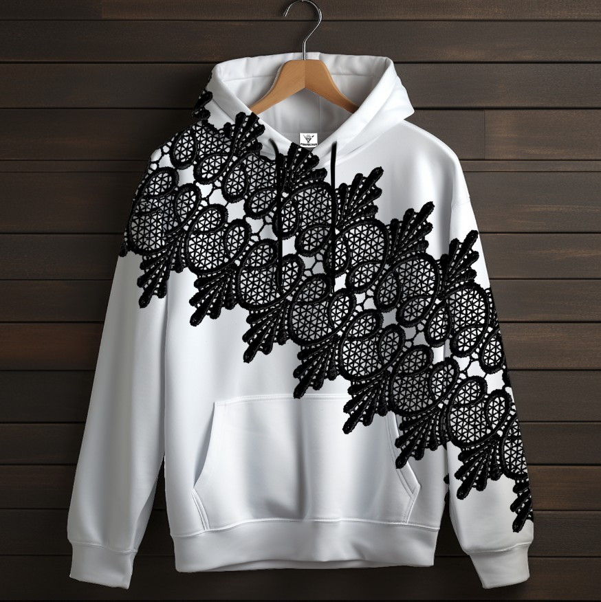 Біла толстовка-кенгуру (толстовка) з 3D принтом Чорне мереживо в стилі бароко 04 ВСІ Розміри Преміум тканина