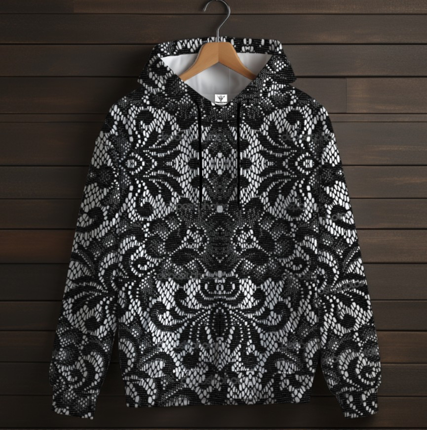 Біла толстовка-кенгуру (толстовка) з 3D принтом Чорне мереживо в стилі бароко 05 ВСІ Розміри Преміум тканина