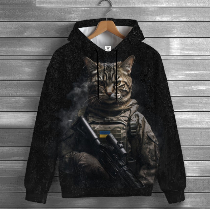 Толстовка-кенгуру (толстовка) з 3D принтом Кіт снайпер Кіт з автоматом ЗСУ ВСІ Розміри Преміум тканина