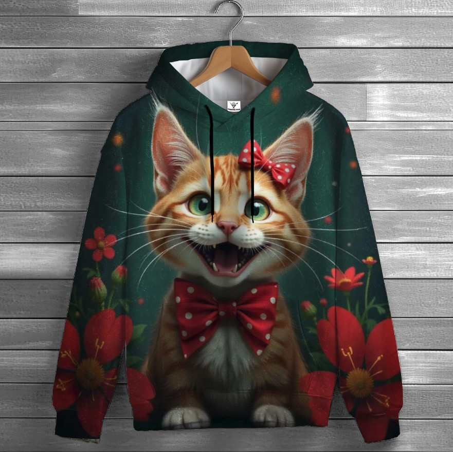 Толстовка-кенгуру (толстовка) з 3D принтом Милий котик із червоним бантом ВСІ Розміри Преміум тканина