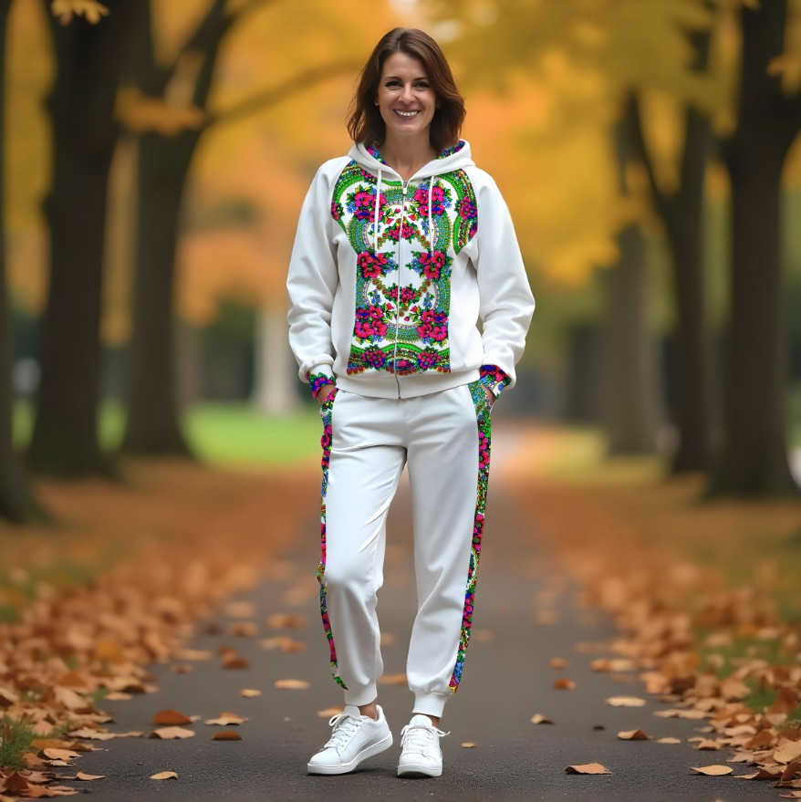 Жіночий спортивний костюм з рельєфним худі і принтом Українська хустка білого кольору Етнічний стиль ВСІ Розміри Преміум тканина