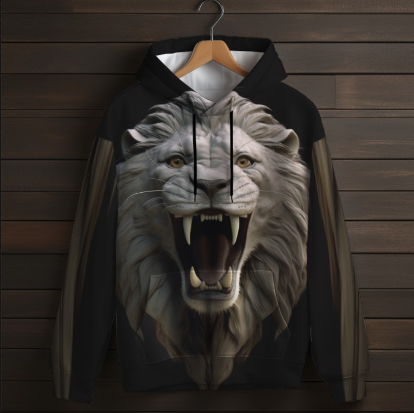 Толстовка унісекс з 3D принтом на тему: Білий лев на чорному фоні. ВСІ Розміри Преміум тканина