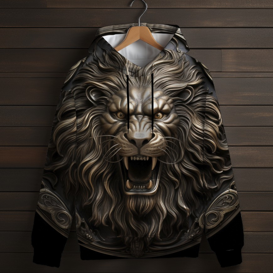 Толстовка унісекс з 3D принтом на тему: Золотий лев на чорному фоні. ВСІ Розміри Преміум тканина
