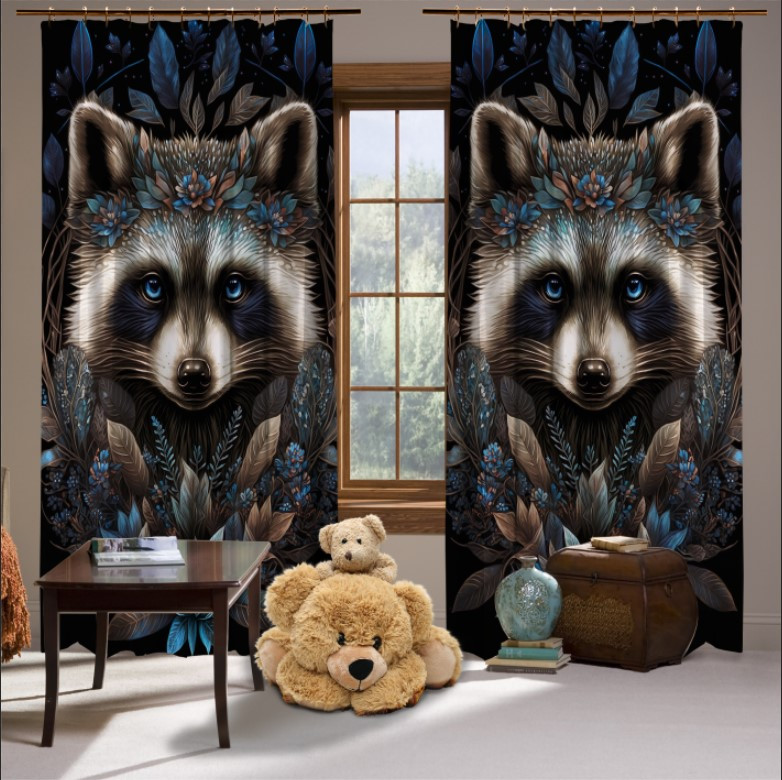 Штори Єнот об'ємна полігональна морда крупним планом квіти