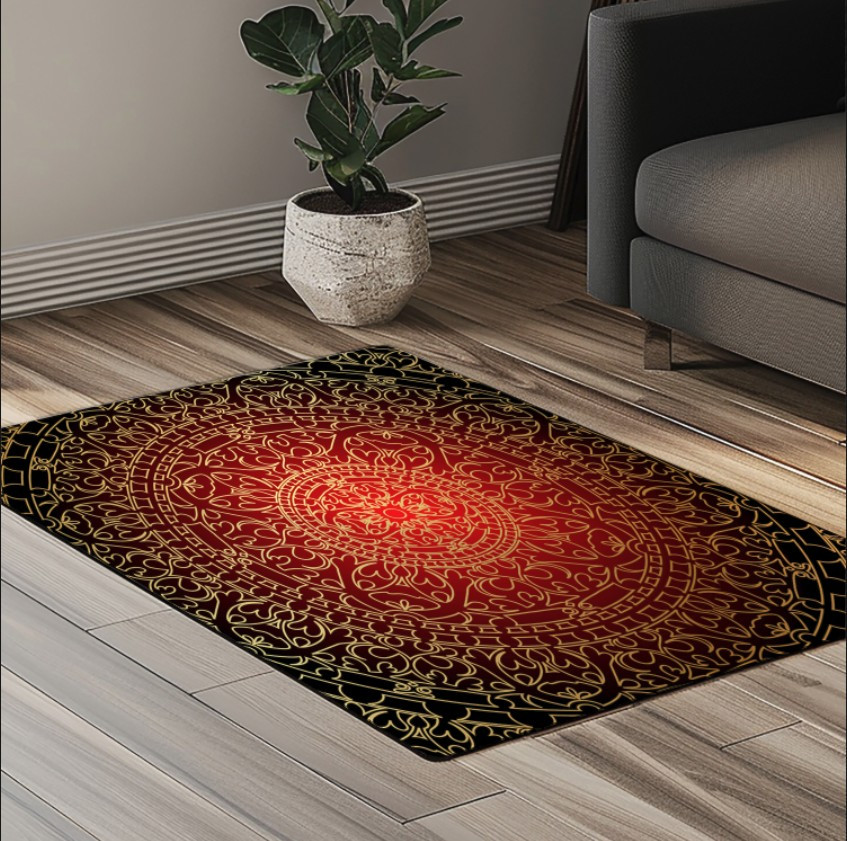 Килимок з принтом Арабеска золото на червоному фоні