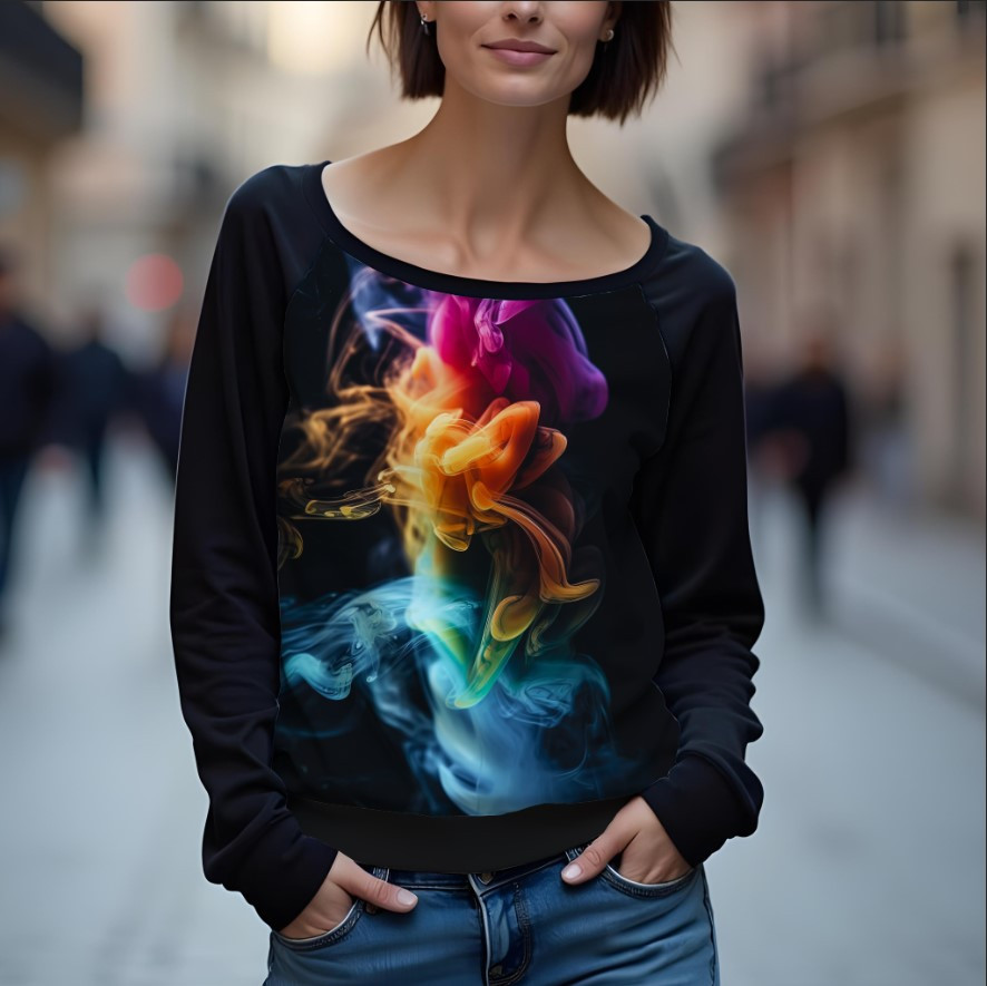 Світшот реглан з відкритими плечима в романтичному стилі з принтом "Абстракція: дим різнокольоровий" ВСІ Розміри Преміум тканина
