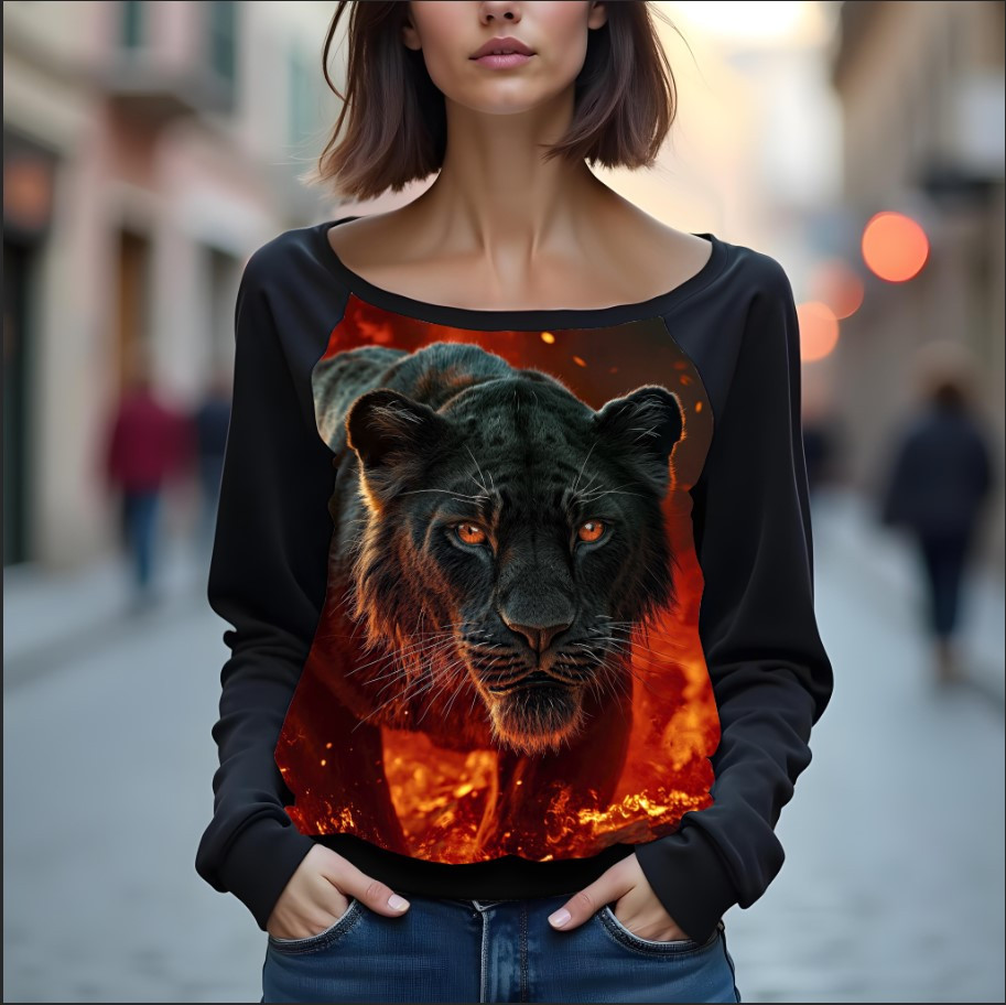 Світшот реглан з відкритими плечима в романтичному стилі з принтом "Арт: велика кішка