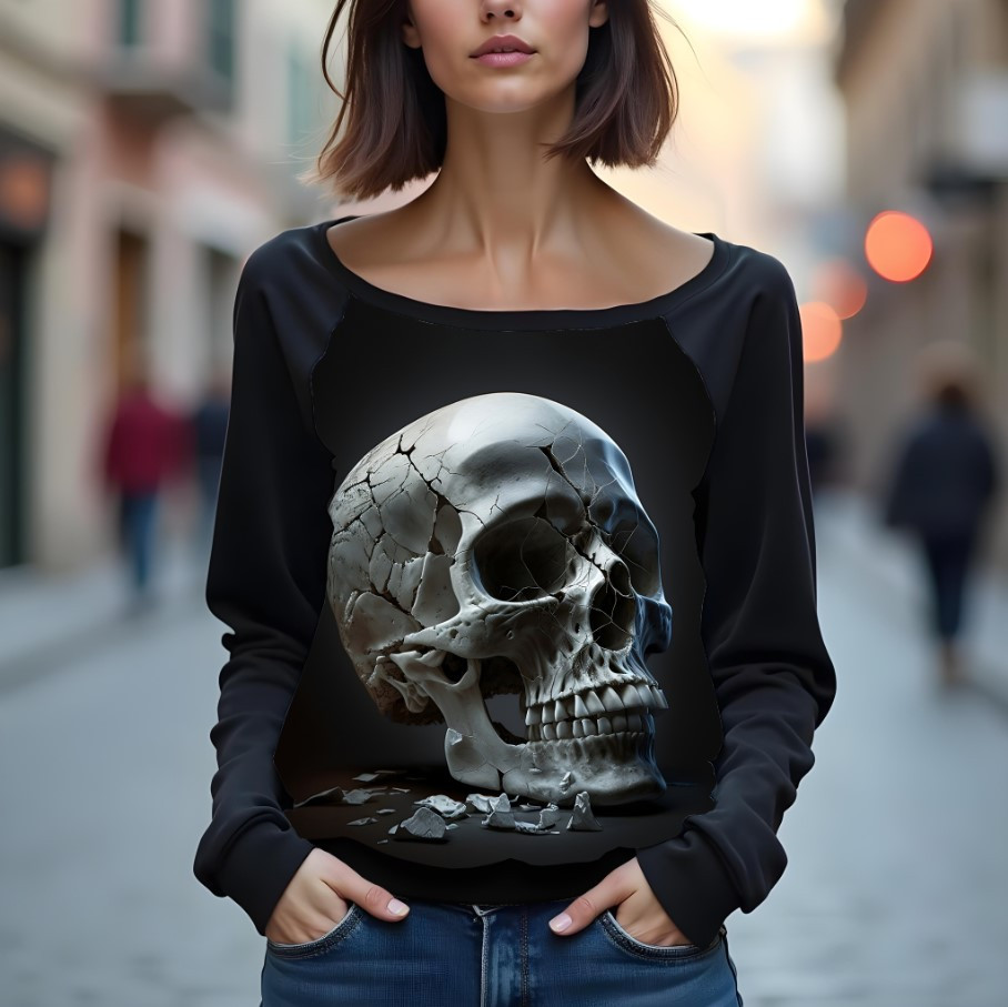 Світшот реглан з відкритими плечима в романтичному стилі з принтом "Білий череп