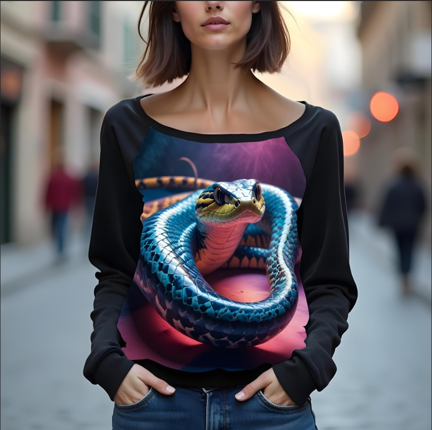 Світшот реглан з відкритими плечима в романтичному стилі з принтом "Блакитна змія 2" ВСІ Розміри Преміум тканина