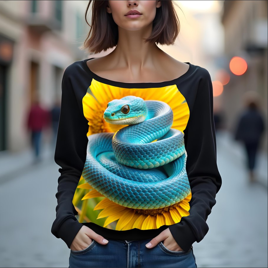 Світшот реглан з відкритими плечима в романтичному стилі з принтом "Блакитна змія