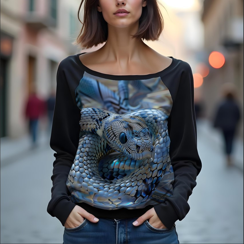 Світшот реглан з відкритими плечима в романтичному стилі з принтом "Блакитна змія