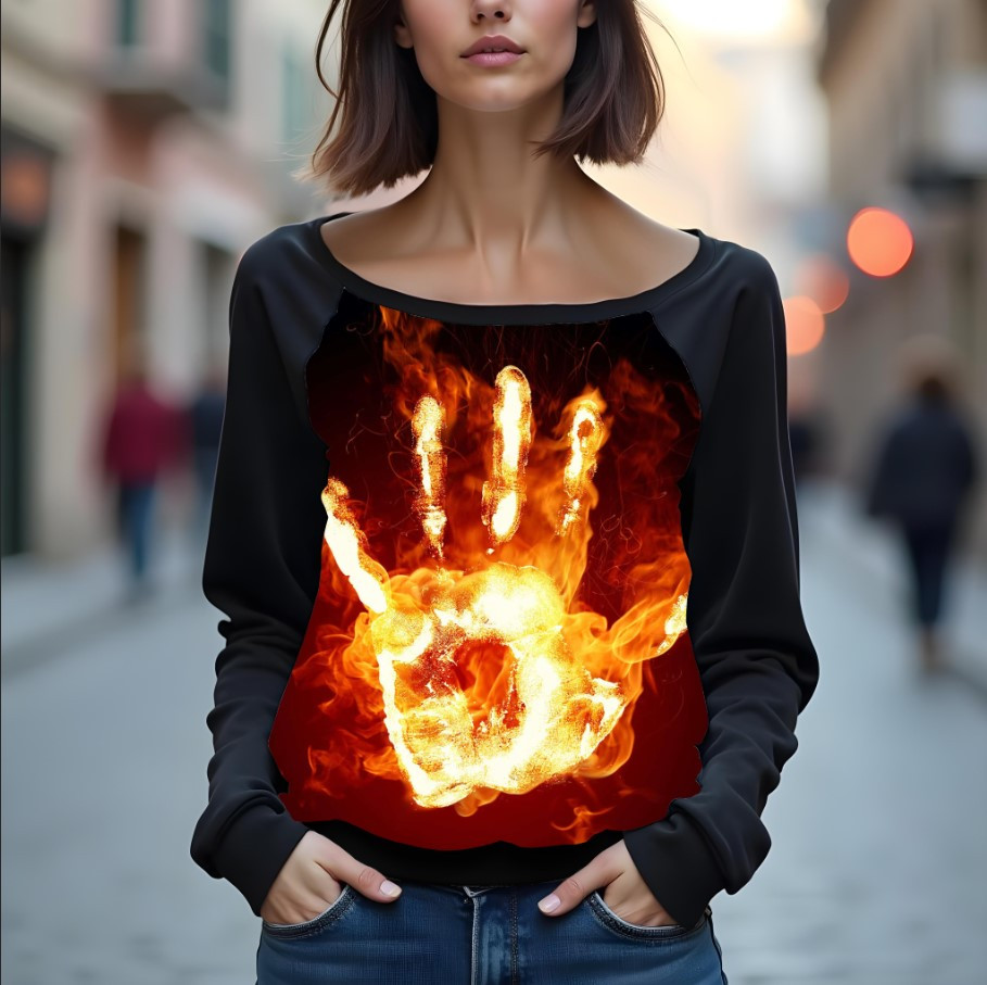 Світшот реглан з відкритими плечима в романтичному стилі з принтом "Відбиток вогняної долоні