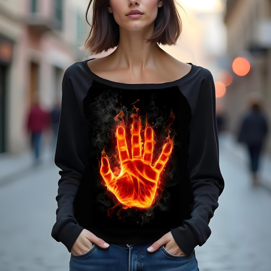 Світшот реглан з відкритими плечима в романтичному стилі з принтом "Відбиток вогняної долоні