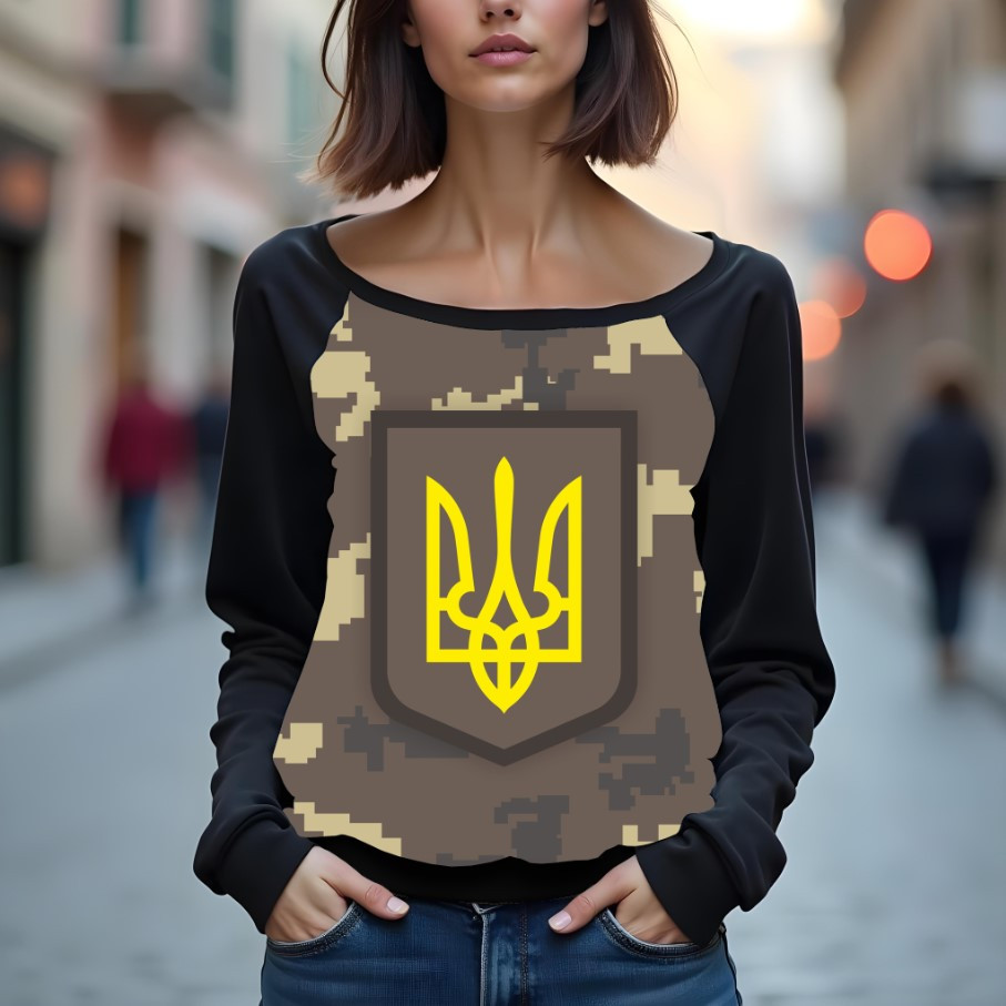 Світшот реглан з відкритими плечима в романтичному стилі з принтом "Герб України