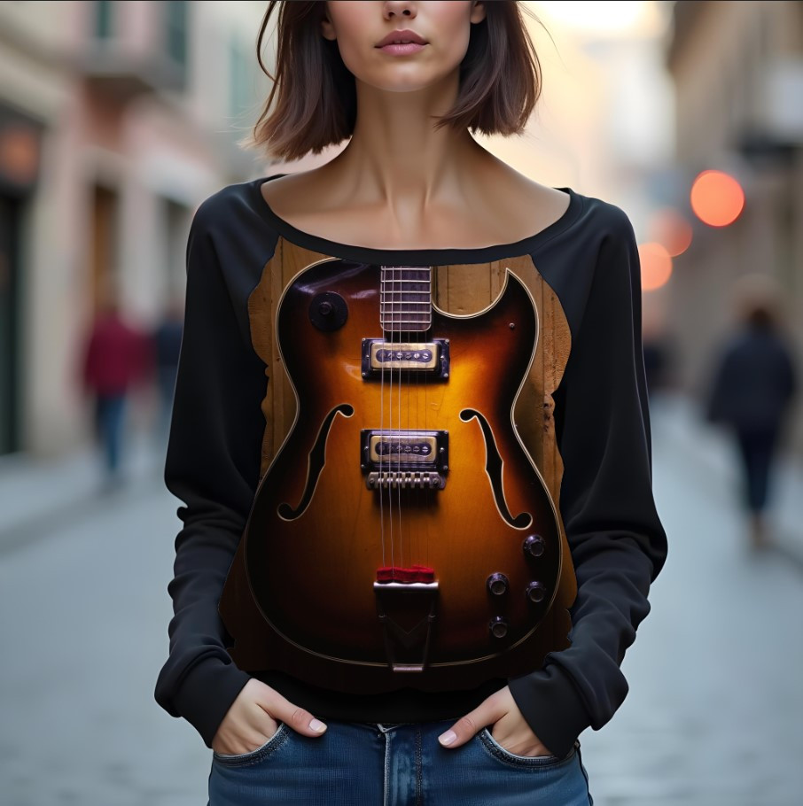 Світшот реглан з відкритими плечима в романтичному стилі з принтом "Гітара